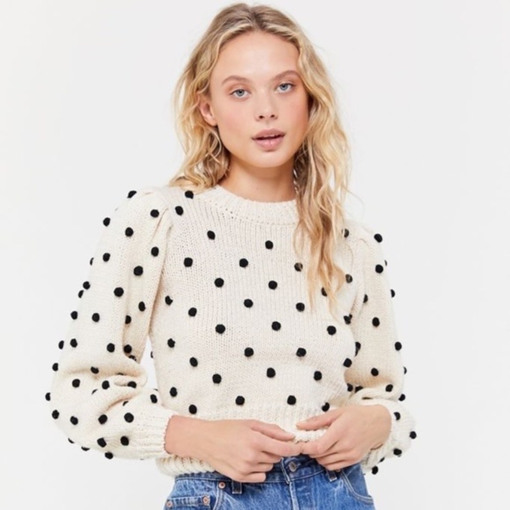 Cream and black sweater with black pompoms     ASTR Pom sweater